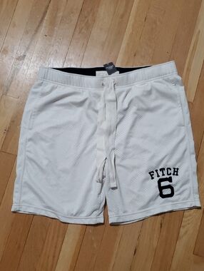 Abercrombie & Fitch White Mesh Athletic Shorts with Black '6' Accent